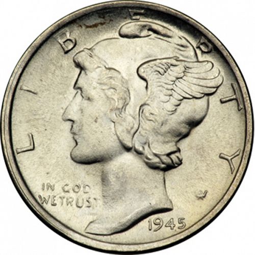 10 cent Obverse Image minted in UNITED STATES in 1945S (Mercury)  - The Coin Database