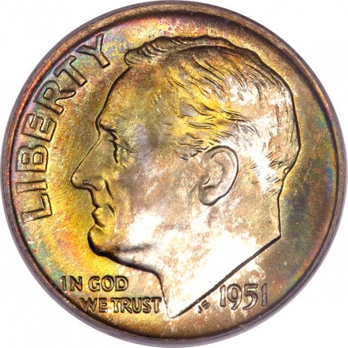 10 cent Obverse Image minted in UNITED STATES in 1951D (Roosevelt)  - The Coin Database