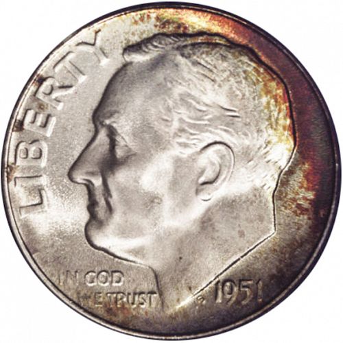 10 cent Obverse Image minted in UNITED STATES in 1951S (Roosevelt)  - The Coin Database