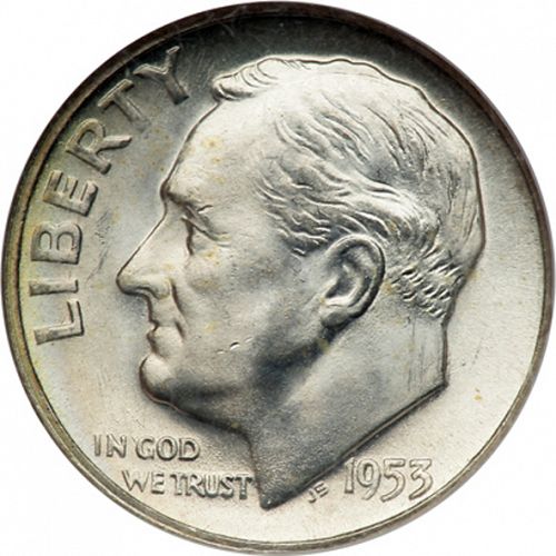 10 cent Obverse Image minted in UNITED STATES in 1953S (Roosevelt)  - The Coin Database
