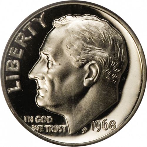 10 cent Obverse Image minted in UNITED STATES in 1968S (Roosevelt)  - The Coin Database