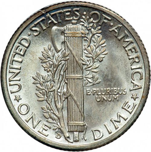 10 cent Reverse Image minted in UNITED STATES in 1938D (Mercury)  - The Coin Database