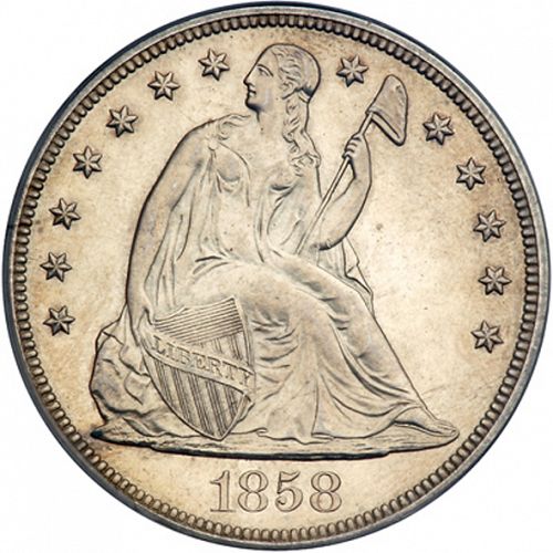 1 dollar Obverse Image minted in UNITED STATES in 1858 (Seated Liberty - No motto)  - The Coin Database