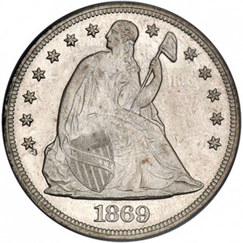 1 dollar Obverse Image minted in UNITED STATES in 1869 (Seated Liberty - Motto added on reverse)  - The Coin Database