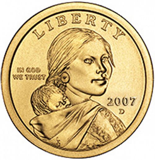 1 dollar Obverse Image minted in UNITED STATES in 2007D (Sacagawea)  - The Coin Database