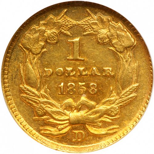 1 dollar - Gold Reverse Image minted in UNITED STATES in 1858D (Large Indian Head)  - The Coin Database