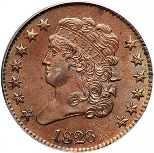half cent Obverse Image minted in UNITED STATES in 1826 (Classic Head)  - The Coin Database
