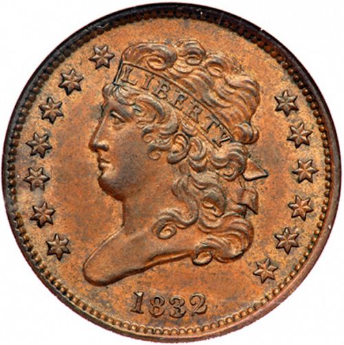 half cent Obverse Image minted in UNITED STATES in 1832 (Classic Head)  - The Coin Database