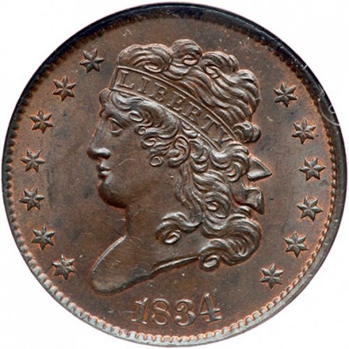 half cent Obverse Image minted in UNITED STATES in 1834 (Classic Head)  - The Coin Database