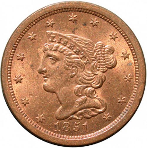half cent Obverse Image minted in UNITED STATES in 1851 (Braided Hair)  - The Coin Database
