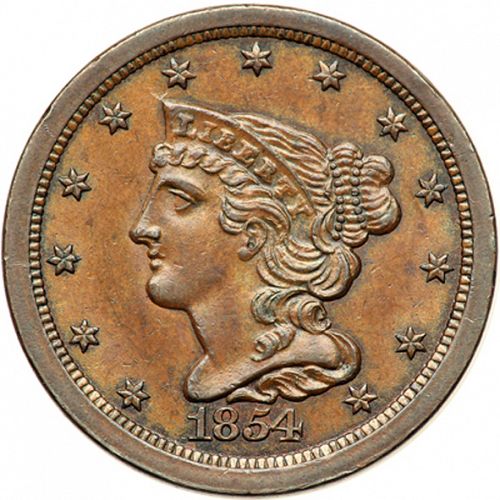 half cent Obverse Image minted in UNITED STATES in 1854 (Braided Hair)  - The Coin Database