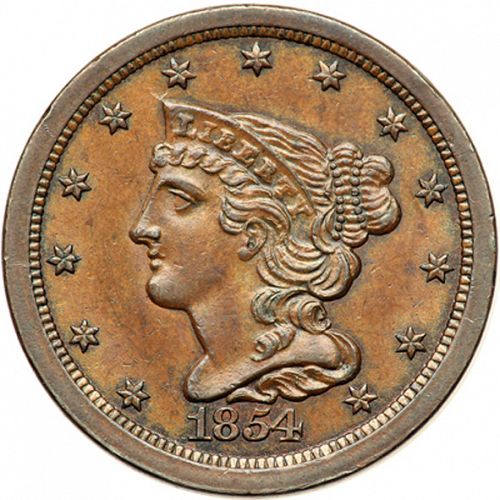 half cent Obverse Image minted in UNITED STATES in 1854 (Braided Hair)  - The Coin Database