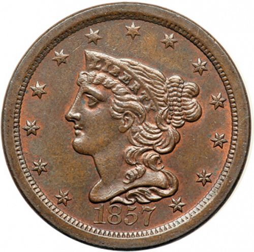 half cent Obverse Image minted in UNITED STATES in 1857 (Braided Hair)  - The Coin Database