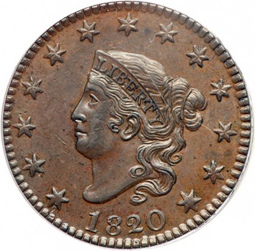 1 cent Obverse Image minted in UNITED STATES in 1820 (Coronet)  - The Coin Database