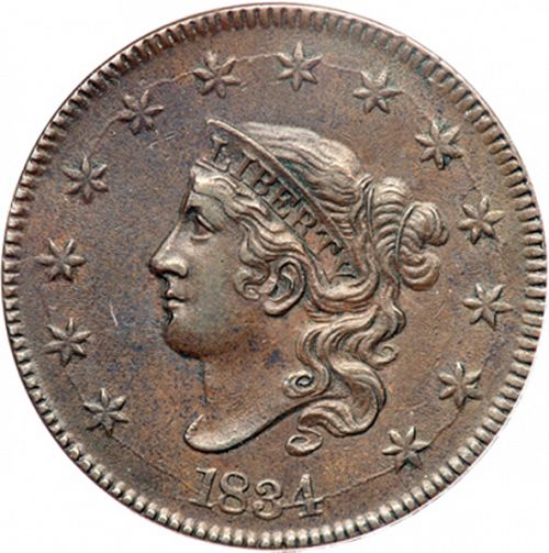 1 cent Obverse Image minted in UNITED STATES in 1834 (Coronet)  - The Coin Database