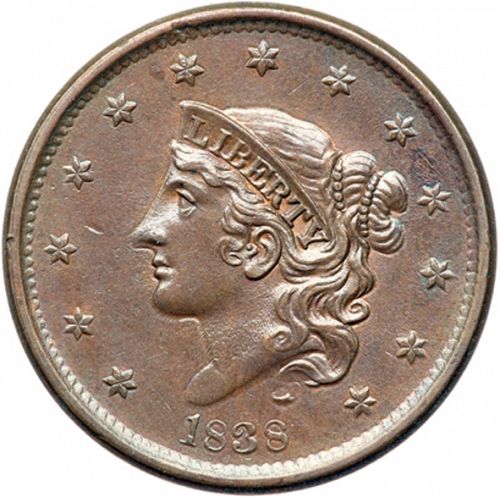 1 cent Obverse Image minted in UNITED STATES in 1838 (Coronet)  - The Coin Database