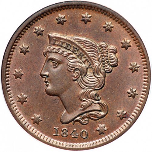 1 cent Obverse Image minted in UNITED STATES in 1840 (Braided Hair)  - The Coin Database