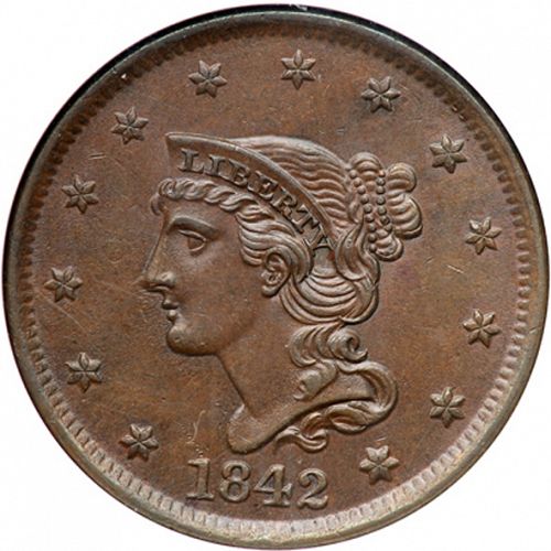 1 cent Obverse Image minted in UNITED STATES in 1842 (Braided Hair)  - The Coin Database