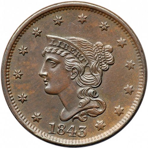 1 cent Obverse Image minted in UNITED STATES in 1843 (Braided Hair)  - The Coin Database