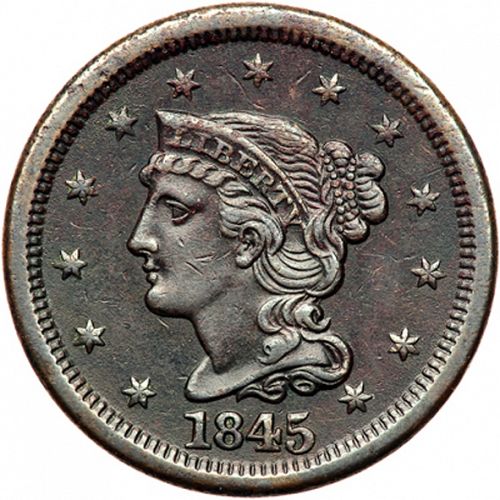 1 cent Obverse Image minted in UNITED STATES in 1845 (Braided Hair)  - The Coin Database