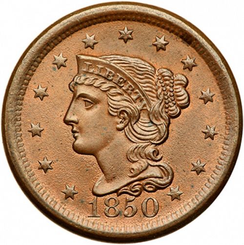 1 cent Obverse Image minted in UNITED STATES in 1850 (Braided Hair)  - The Coin Database