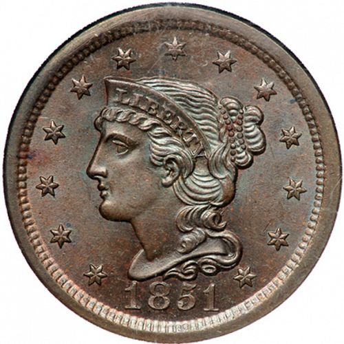 1 cent Obverse Image minted in UNITED STATES in 1851 (Braided Hair)  - The Coin Database