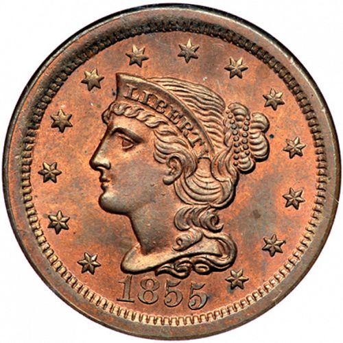 1 cent Obverse Image minted in UNITED STATES in 1855 (Braided Hair)  - The Coin Database