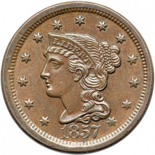 1 cent Obverse Image minted in UNITED STATES in 1857 (Braided Hair)  - The Coin Database