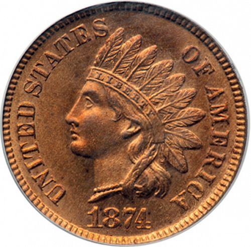 1 cent Obverse Image minted in UNITED STATES in 1874 (Indian Head)  - The Coin Database