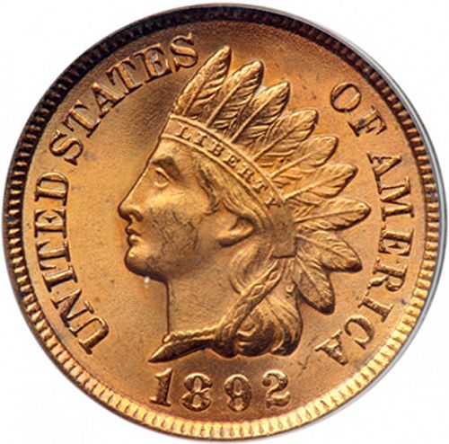 1 cent Obverse Image minted in UNITED STATES in 1892 (Indian Head)  - The Coin Database