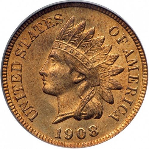 1 cent Obverse Image minted in UNITED STATES in 1908 (Indian Head)  - The Coin Database