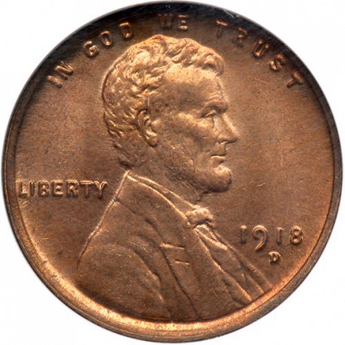 1 cent Obverse Image minted in UNITED STATES in 1918D (Lincoln)  - The Coin Database