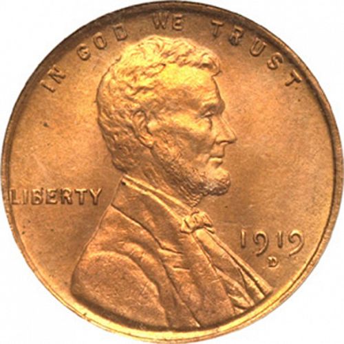 1 cent Obverse Image minted in UNITED STATES in 1919D (Lincoln)  - The Coin Database