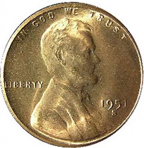 1 cent Obverse Image minted in UNITED STATES in 1951S (Lincoln)  - The Coin Database