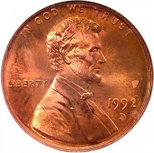 1 cent Obverse Image minted in UNITED STATES in 1992D (Lincoln - Memorial Reverse)  - The Coin Database