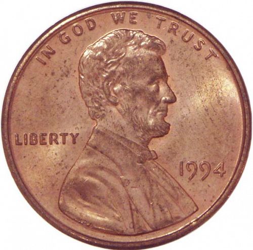 1 cent Obverse Image minted in UNITED STATES in 1994 (Lincoln - Memorial Reverse)  - The Coin Database