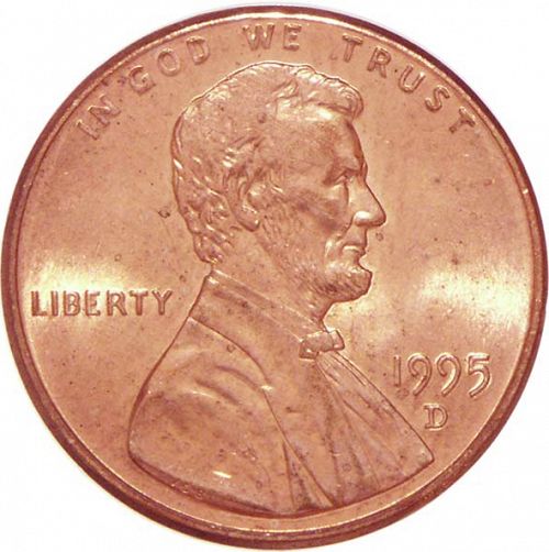 1 cent Obverse Image minted in UNITED STATES in 1995D (Lincoln - Memorial Reverse)  - The Coin Database