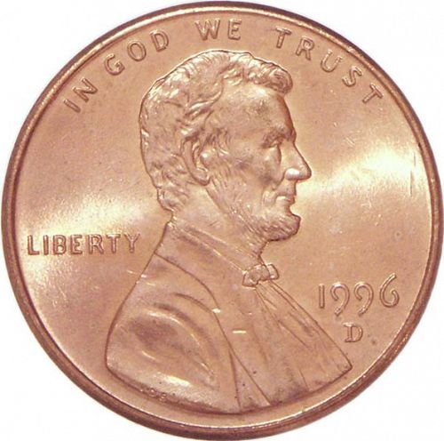 1 cent Obverse Image minted in UNITED STATES in 1996D (Lincoln - Memorial Reverse)  - The Coin Database