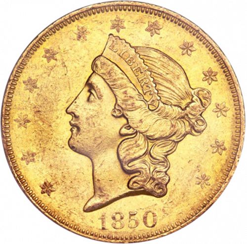 20 dollar Obverse Image minted in UNITED STATES in 1850O (Coronet Head - Twenty D., no motto)  - The Coin Database