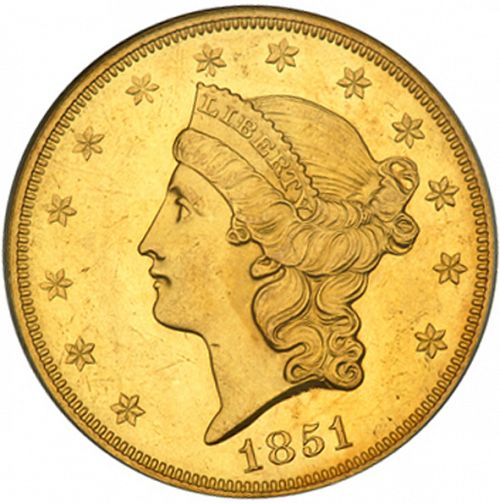 20 dollar Obverse Image minted in UNITED STATES in 1851 (Coronet Head - Twenty D., no motto)  - The Coin Database