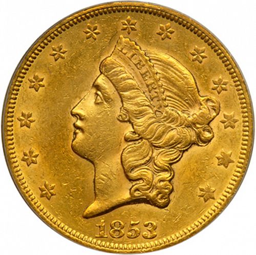 20 dollar Obverse Image minted in UNITED STATES in 1853 (Coronet Head - Twenty D., no motto)  - The Coin Database