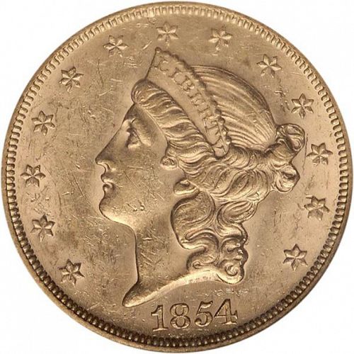 20 dollar Obverse Image minted in UNITED STATES in 1854 (Coronet Head - Twenty D., no motto)  - The Coin Database