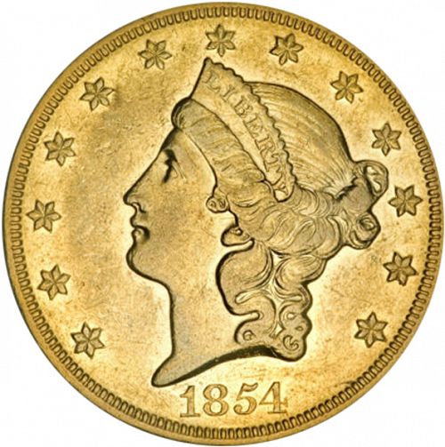 20 dollar Obverse Image minted in UNITED STATES in 1854O (Coronet Head - Twenty D., no motto)  - The Coin Database