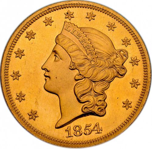 20 dollar Obverse Image minted in UNITED STATES in 1854S (Coronet Head - Twenty D., no motto)  - The Coin Database