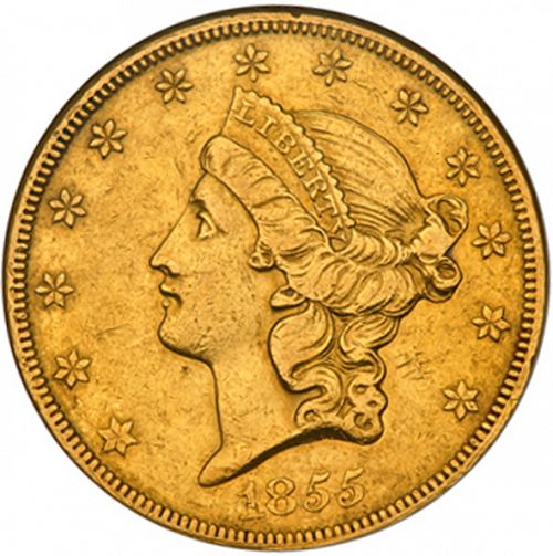 20 dollar Obverse Image minted in UNITED STATES in 1855O (Coronet Head - Twenty D., no motto)  - The Coin Database