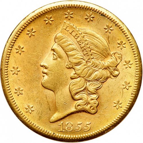 20 dollar Obverse Image minted in UNITED STATES in 1855S (Coronet Head - Twenty D., no motto)  - The Coin Database