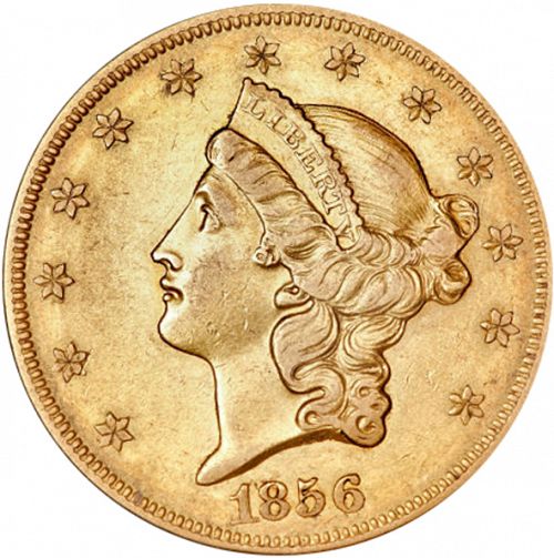 20 dollar Obverse Image minted in UNITED STATES in 1856O (Coronet Head - Twenty D., no motto)  - The Coin Database