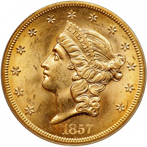 20 dollar Obverse Image minted in UNITED STATES in 1857 (Coronet Head - Twenty D., no motto)  - The Coin Database