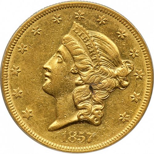 20 dollar Obverse Image minted in UNITED STATES in 1857O (Coronet Head - Twenty D., no motto)  - The Coin Database