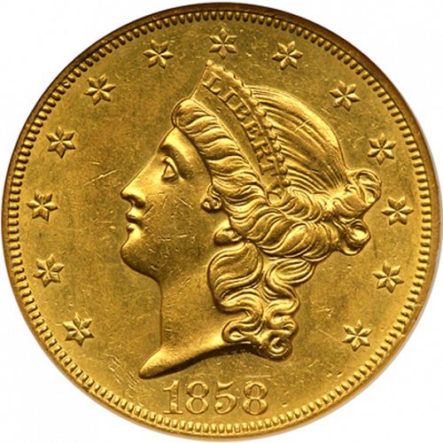 20 dollar Obverse Image minted in UNITED STATES in 1858O (Coronet Head - Twenty D., no motto)  - The Coin Database